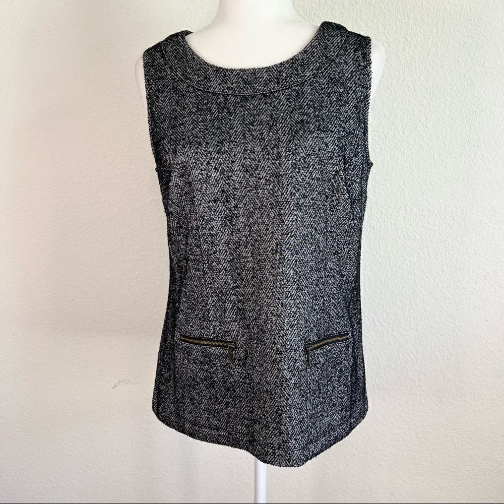 𝅺cabi CeCe Gray Herringbone Tweed Shell Relaxed Sleeveless Blouse M #993
